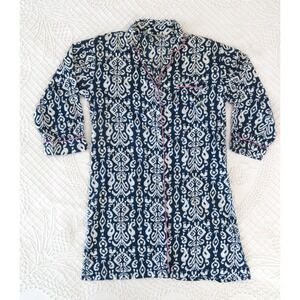 Malabar Bay Organic Cotton Robe Womens XL Indigo Blue Ikat Shirt House Dress